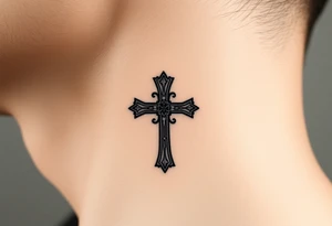 orthodox christian cross relatively small on side of left neck tattoo idea