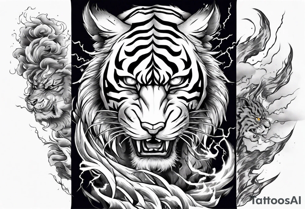 Tiger warrior with lightning and the sun for a forearm sleeve tattoo idea