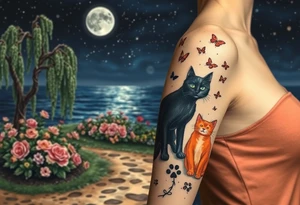 Night time. Ocean.  weeping willow garden with roses and liles flower beds. fantasy creatures, fairies, mermiads, dragons butterflies,  cat paw prints path in dirt. Black cat and orange cat tattoo idea