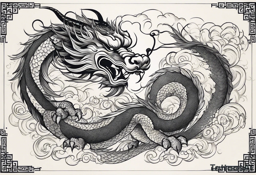 Create a detailed sketch of a Chinese dragon tattoo. The dragon should be depicted in a dynamic, serpentine pose, with its body coiled and flowing gracefully. Emphasize its ornate features: long, sinuous body covered in intricate scales, powerful claws, and a fierce, expressive face with prominent whiskers and a beard. Include traditional Chinese elements like clouds or waves to enhance the composition. Use clean lines and bold shading to ensure the design is suitable for a tattoo, with a focus on capturing the dragon's majestic and mythical qualities tattoo idea
