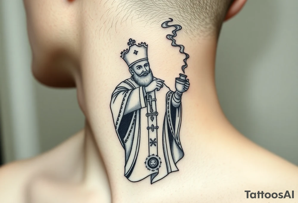 Russian Orthodox Priest in fully detailed vestment swinging a censer with smoke curling upward tattoo idea