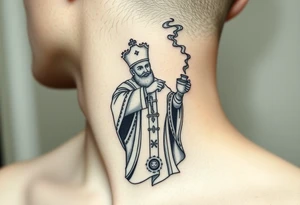 Russian Orthodox Priest in fully detailed vestment swinging a censer with smoke curling upward tattoo idea