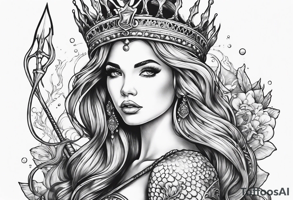 Mermaid full body holding a trident and wearing a crown tattoo idea