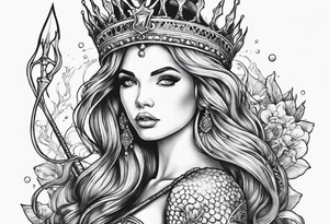 Mermaid full body holding a trident and wearing a crown tattoo idea