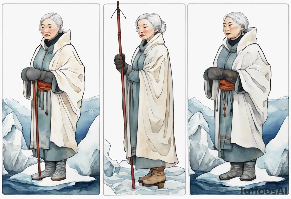a middle aged Inuit woman with white hair, wearing mittens, wearing a white cloak, holding a white staff, wearing mukluks, standing on an iceberg in the sea tattoo idea