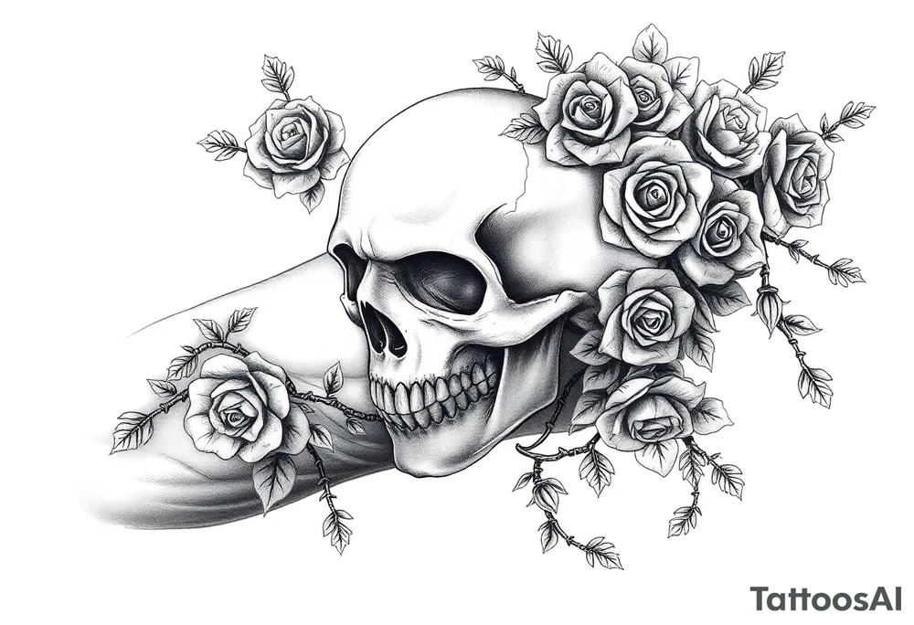 gothic skull intertwined with climbing roses and thorny vines tattoo idea