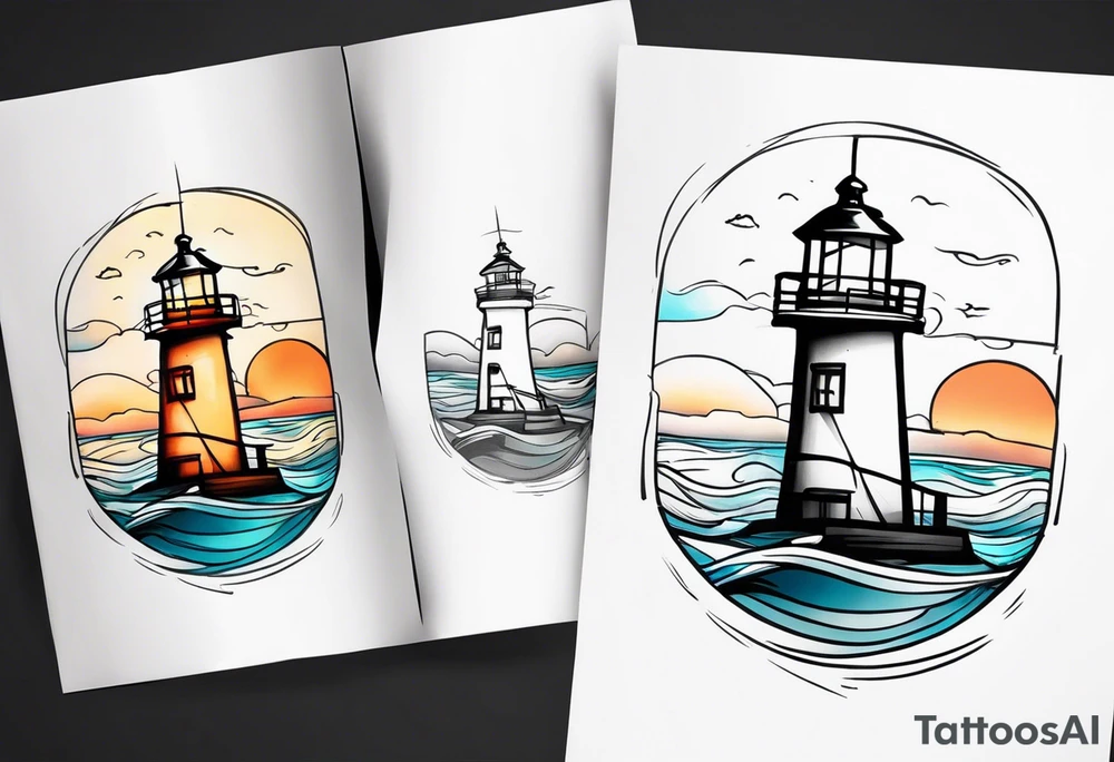 Farol no oceano em mar agitado bem delicado colorido tattoo idea