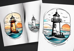 Farol no oceano em mar agitado bem delicado colorido tattoo idea