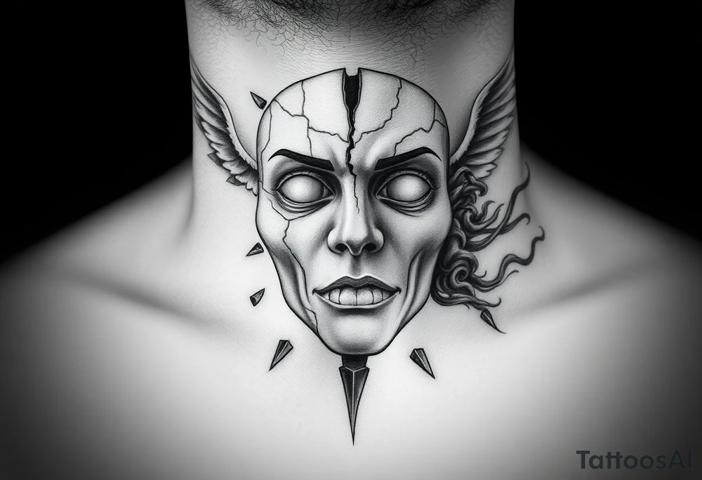 Realistic black and grey neck tattoo design. In the center of the throat, a human mask made of cracked stone or porcelain with natural facial features. The mask is breaking apart from the pressure of both sides — a screaming angel on the left and a screaming demon on the right. From the cracks on the angel’s side, soft white and blue light emerges; from the demon’s side, dark smoke and shadow flow out. The mask’s fragments slightly detach, revealing inner light and darkness mixing at the center. Highly detailed realism with strong contrast, fine shading, emotional and symbolic atmosphere, representing the true self shattered by the inner battle between good and evil. tattoo idea