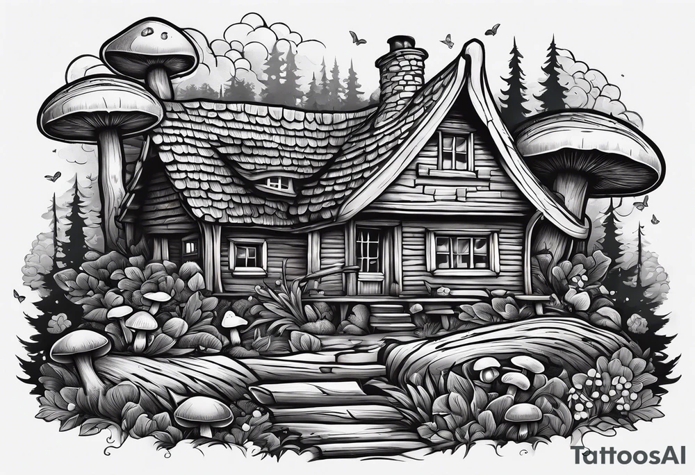 Woodland, cottage core, fallen log with small amount of mushrooms tattoo idea