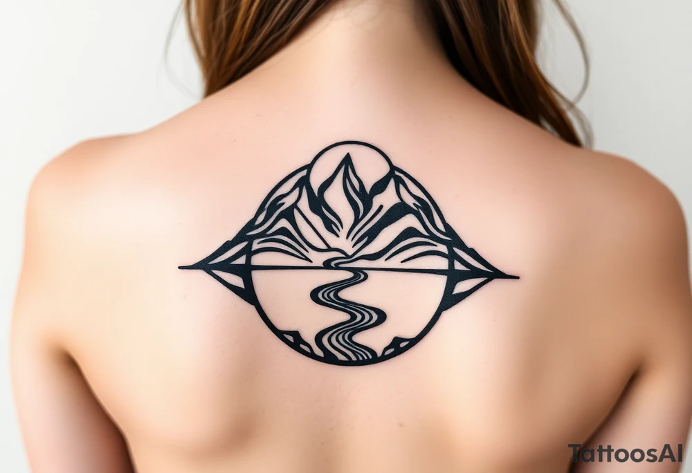 mountains. river and sunrise, let it all be inside one circle. draw a line and divide the circle into two parts, let one part be like day and the other part like night tattoo idea