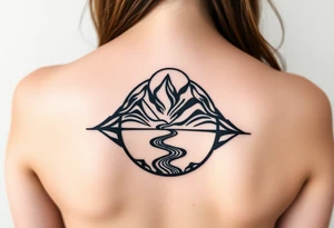 mountains. river and sunrise, let it all be inside one circle. draw a line and divide the circle into two parts, let one part be like day and the other part like night tattoo idea