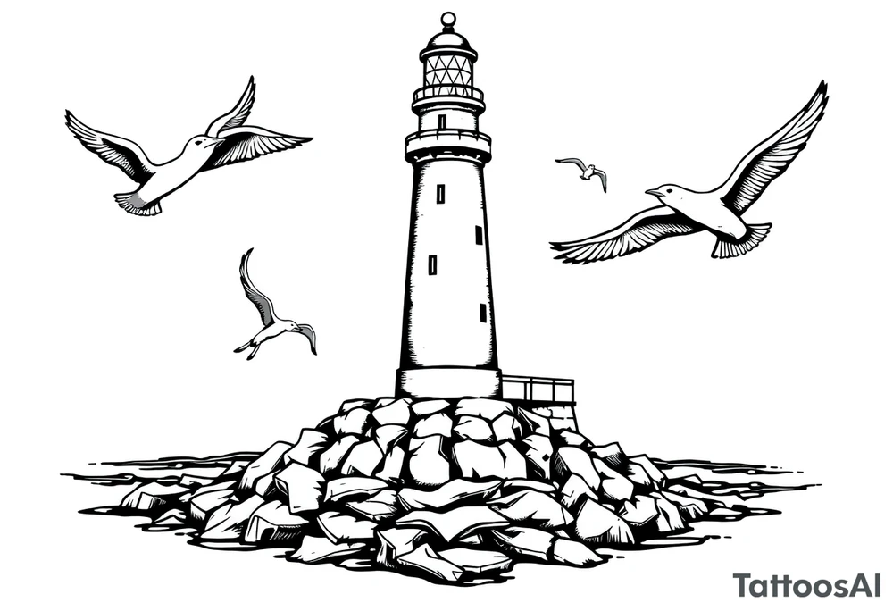Lighthouse in the sea with jetty around flying seagulls tattoo idea