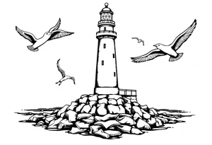 Lighthouse in the sea with jetty around flying seagulls tattoo idea