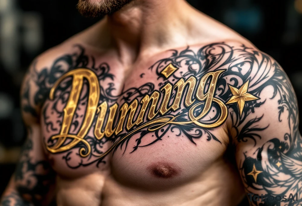 Dunning, details include bold strong font, gold highlights, theme of wealth and angels tattoo idea