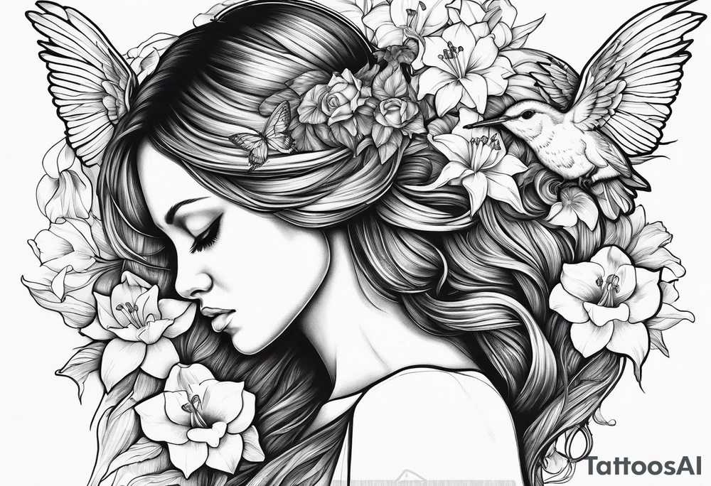 sad angel with head down and face covered by her hair with sagging broken wings surrounded by lily, daffodil, rose, daisy, narcissus holding a hummingbird tattoo idea