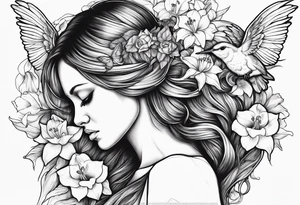 sad angel with head down and face covered by her hair with sagging broken wings surrounded by lily, daffodil, rose, daisy, narcissus holding a hummingbird tattoo idea