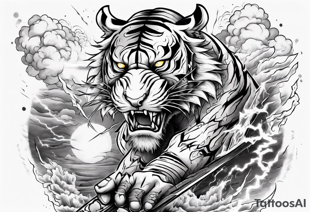 tiger warrior with lightning and the sun for a forearm sleeve tattoo idea