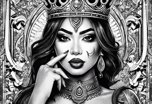 Latina Queen ahegao, drooling, happy, Spade Symbol with letter Q in the center of the spade framed, surrounded by whitespace tattoo idea