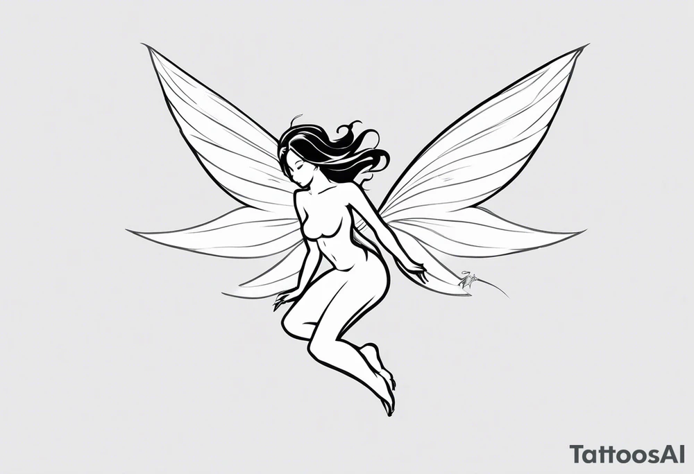 Minimalistic, monochromatic fairy with a tail flying to the left in a fetal position, leaning and looking in the same direction, with visible hands, embodying the 'Fairy Tail' logo aesthetic. tattoo idea