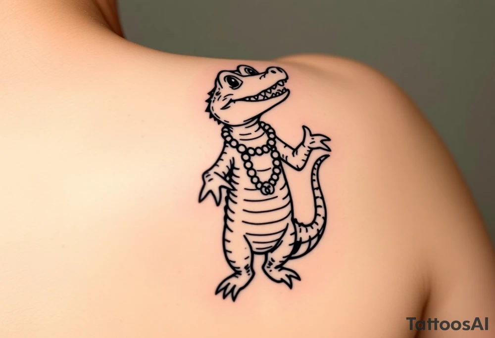 cartoon Mardi gras alligator standing up and dancing wearing beads tattoo idea