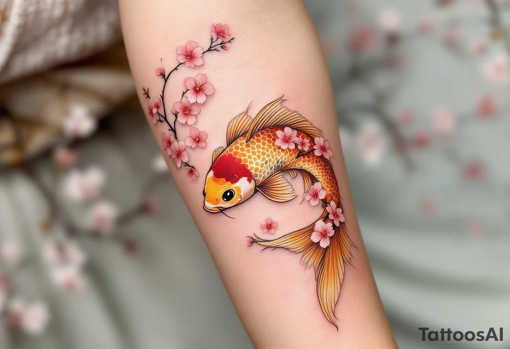 Golden Koi with Cherry Blossoms – A radiant gold koi fish gliding among soft pink cherry blossoms, representing good fortune and beauty in life. tattoo idea