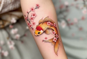 Golden Koi with Cherry Blossoms – A radiant gold koi fish gliding among soft pink cherry blossoms, representing good fortune and beauty in life. tattoo idea