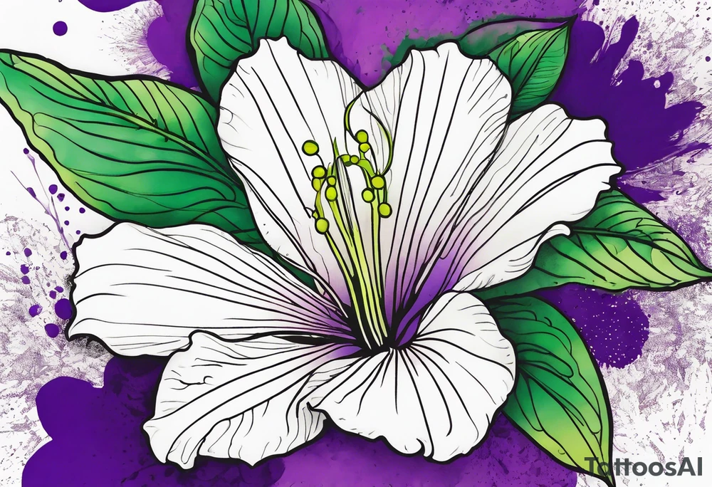 An outline of a green rio dipladenia flower and a green and purple watercolor splash in the background tattoo idea