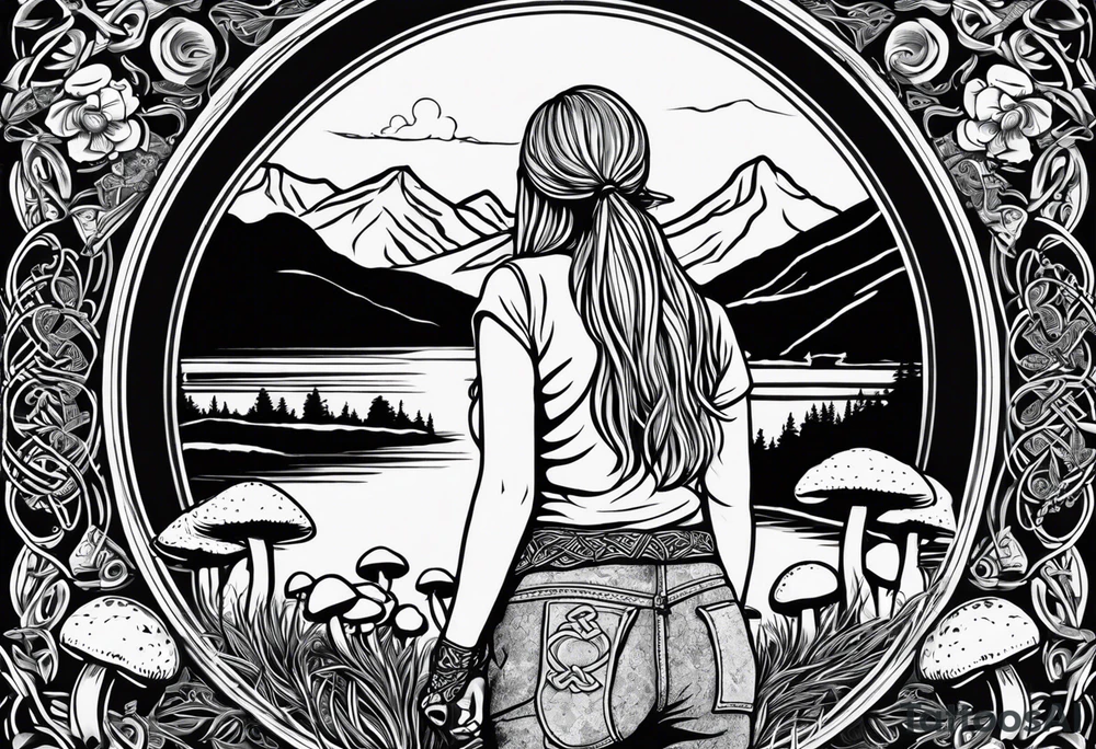 Whole picture encircled fully

Straight long blonde hair hippie girl in distance holding mushrooms in hand facing away toward mountains and creek surrounded by mushrooms long sleeve shirt and hiking pants; whole rendering within a full celtic circle border, no cut off circle tattoo idea