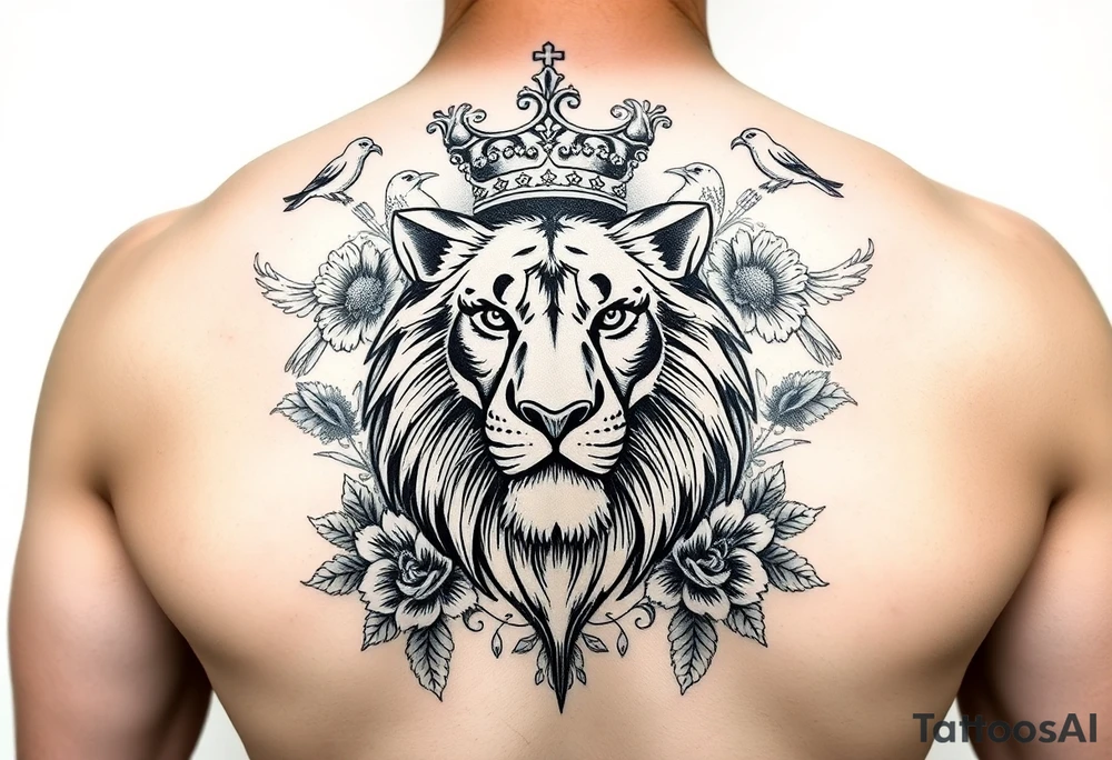 powerful majestic lion with a crown, surrounded by floral ornaments and birds tattoo idea