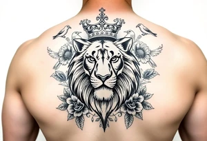powerful majestic lion with a crown, surrounded by floral ornaments and birds tattoo idea
