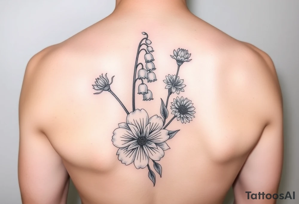lily of the valley, marigold, and chrysanthemum tattoo idea