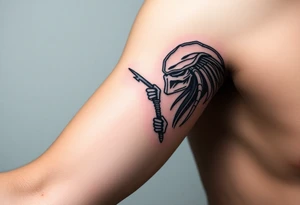 Predator with staff pointing towards sky with lighting bolt tattoo idea