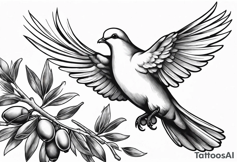 Dove soring through the air an olive branch in its beak whipping behind tattoo idea