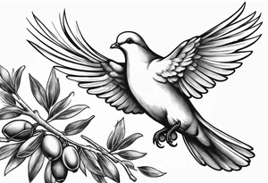 Dove soring through the air an olive branch in its beak whipping behind tattoo idea