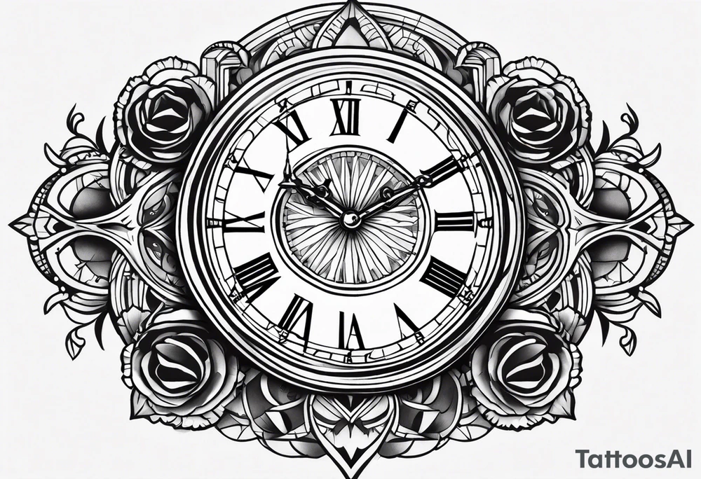 Dessine-moi un tatouage représentant une horloge dans un sablier. C'est un tatouage masculin qui se porte sur l'épaule  en arrière-plan, on y trouve des ombres de chiffre. Romain. tattoo idea