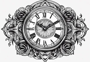 Dessine-moi un tatouage représentant une horloge dans un sablier. C'est un tatouage masculin qui se porte sur l'épaule  en arrière-plan, on y trouve des ombres de chiffre. Romain. tattoo idea