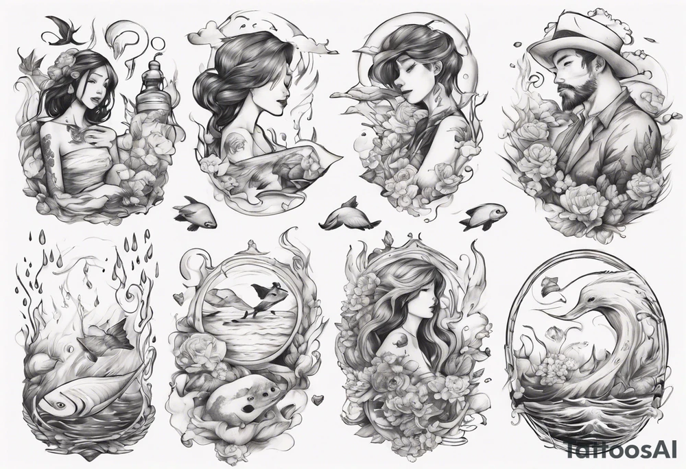 Water themed, romantic couple tattoo idea