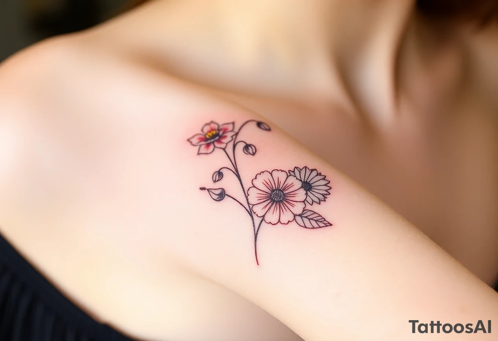 wrist tattoo with marigold, lily of the valley, and chrysanthemum tattoo idea