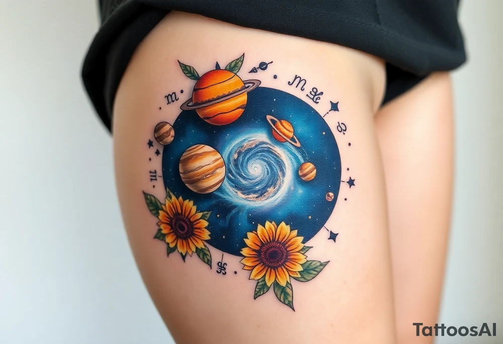 Milky way galaxy with planets with zodiac symbols and protection runes in it with tigerlillies roses and sunflowers tattoo idea