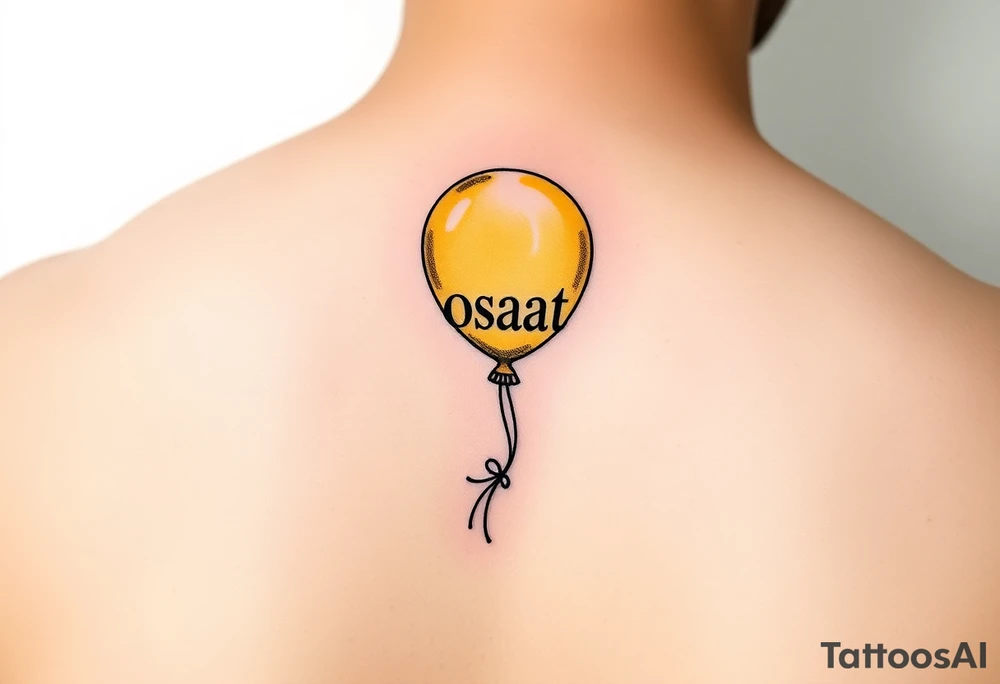 small yellow balloon with letters osaat on bicep tattoo idea