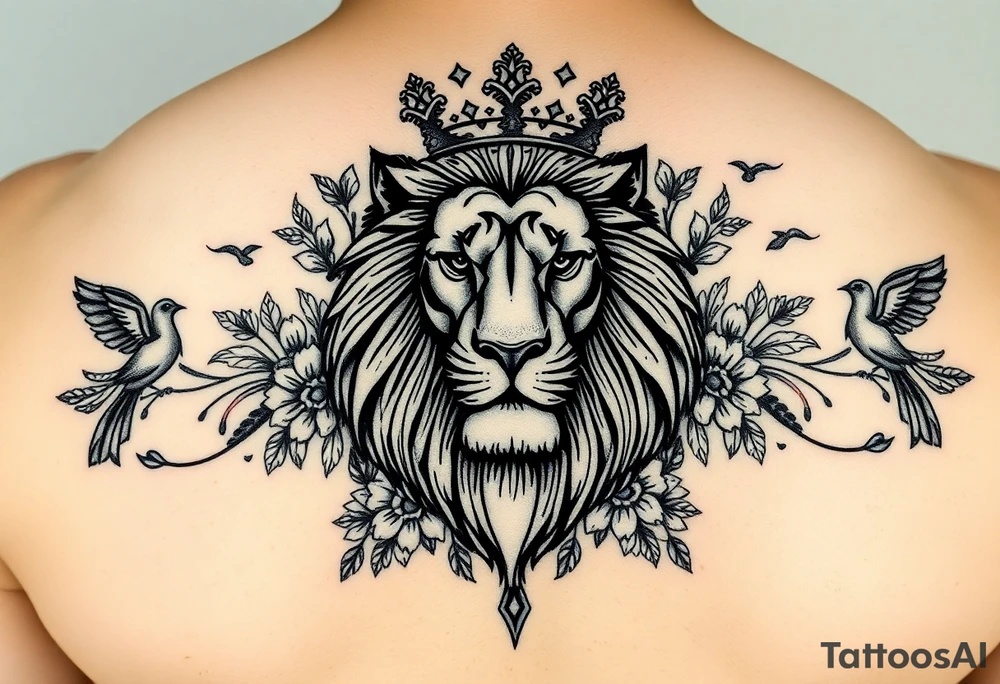 powerful majestic lion with a crown, surrounded by floral ornaments and birds tattoo idea