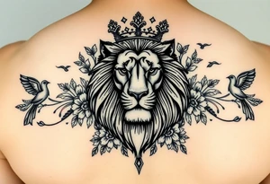 powerful majestic lion with a crown, surrounded by floral ornaments and birds tattoo idea