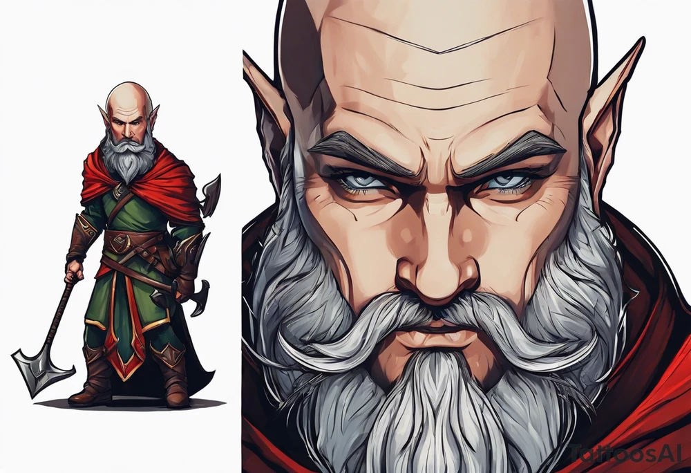 a full-body picture of a human elf, bearded bald male, paladin, holding a battle axe, on my left forearm tattoo idea