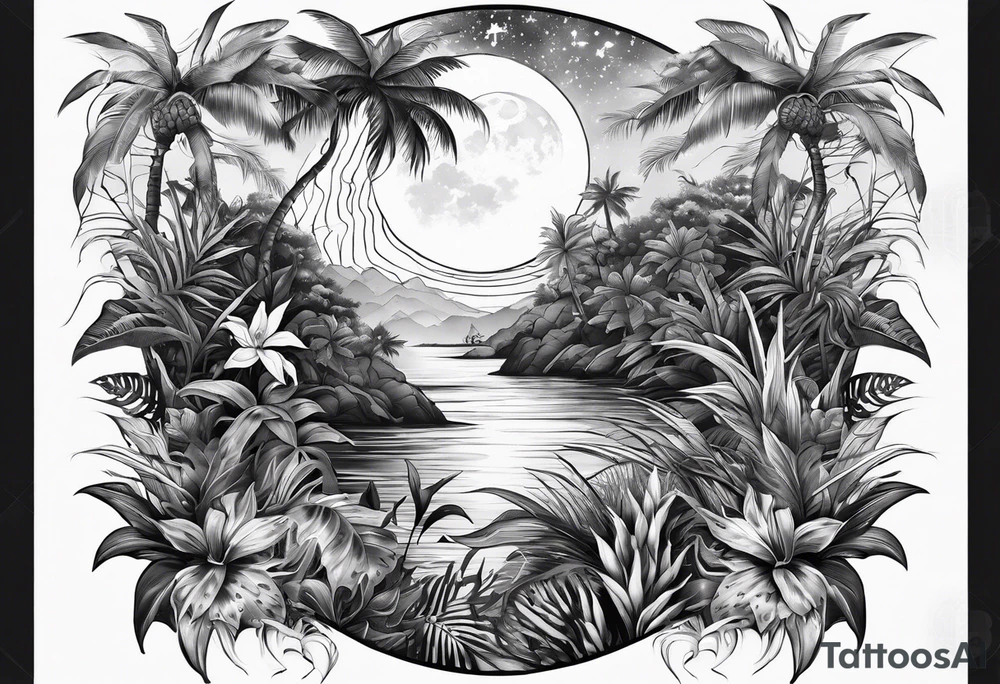 full sleeve tattoo with jungle plants, ocean, moon, stars, tattoo idea