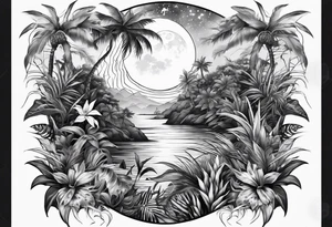 full sleeve tattoo with jungle plants, ocean, moon, stars, tattoo idea