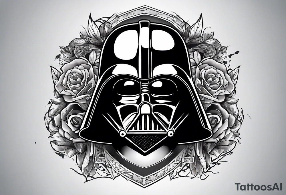 Half Darth Vader helmet other half skull in Roman gladiator style tattoo idea