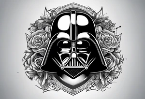 Half Darth Vader helmet other half skull in Roman gladiator style tattoo idea