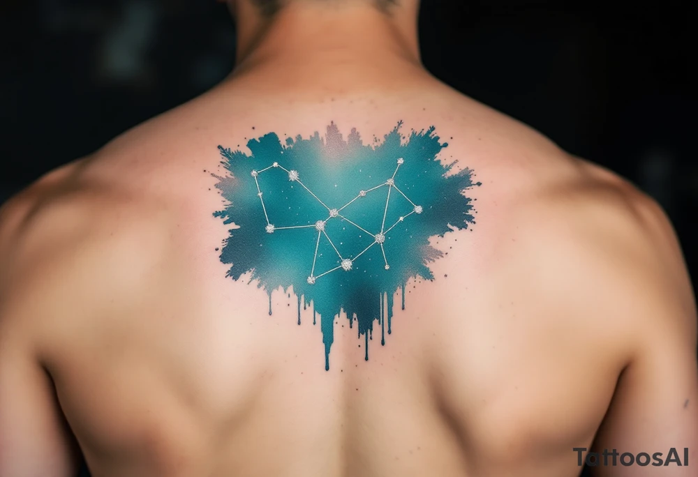 A fine-line Capricorn constellation in shimmering silver ink stretches across a gradient teal background. tattoo idea