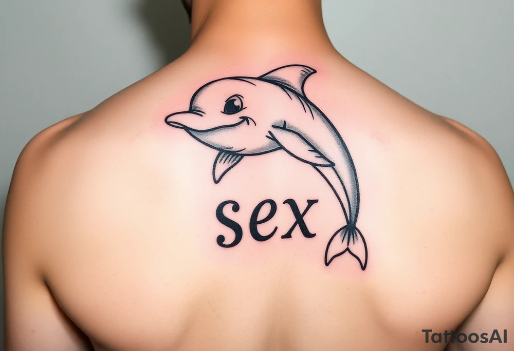 Cartoon dolphin with a mischievous face humping the word sex tattoo idea